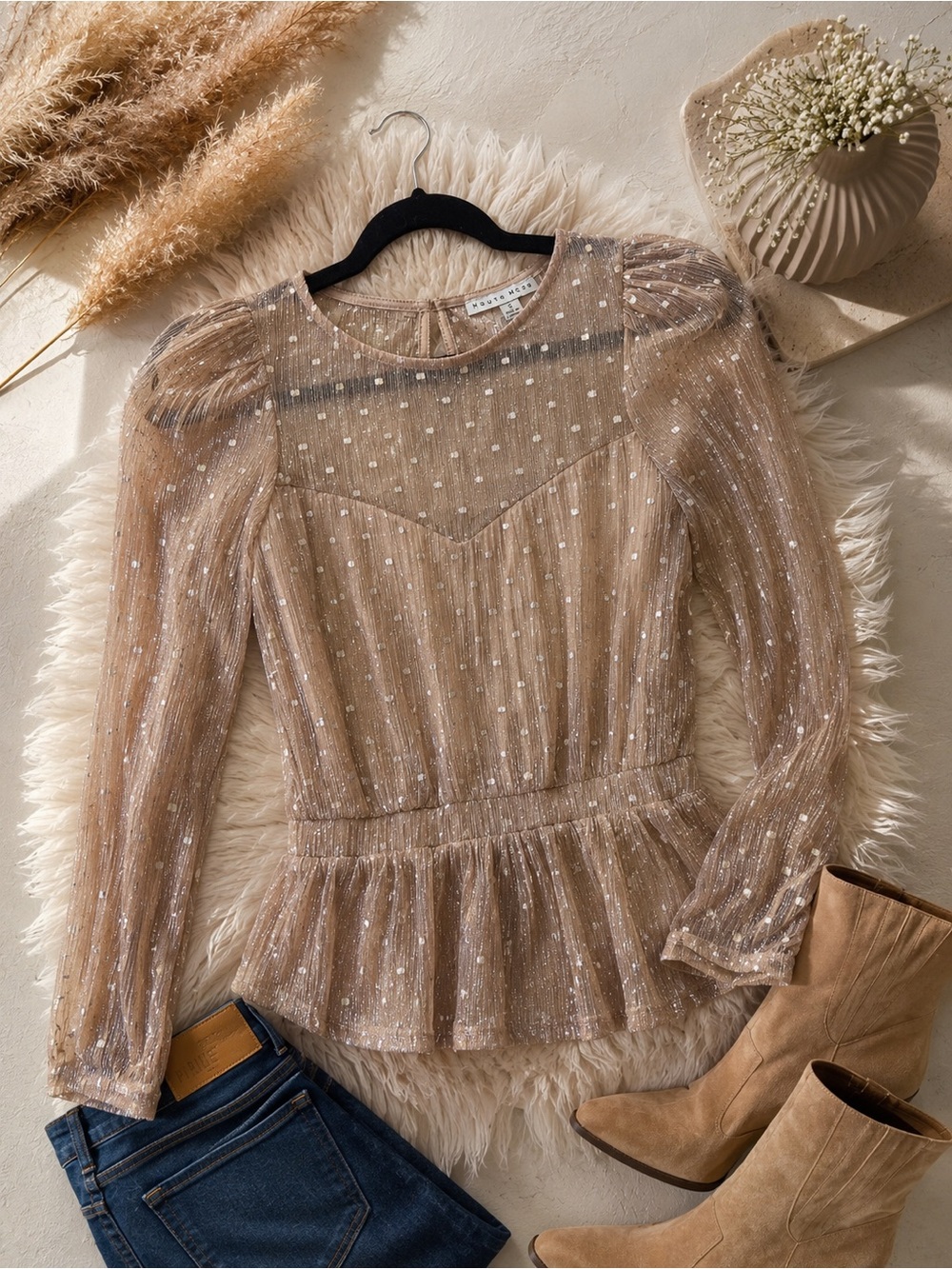 Haute Monde Beige Sheer Dot Puff-Sleeve Peplum Blouse
